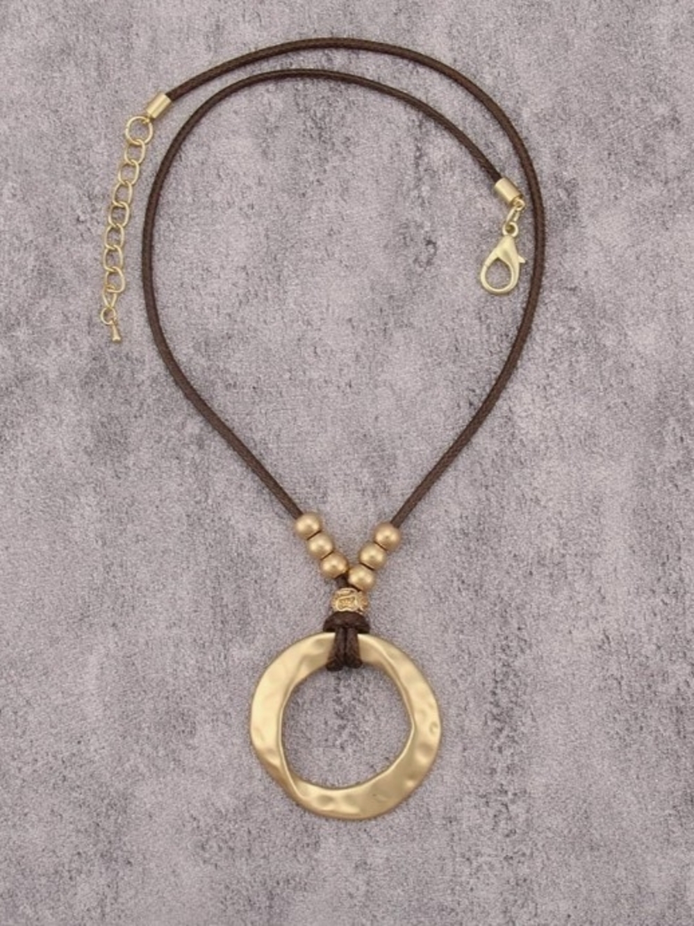 NWT Matte Gold Hammered Circle Pendant Necklace Brown Cord Boho Western